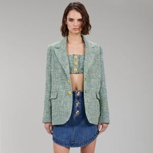 Self-Portrait Green Bouclé Oversized Blazer